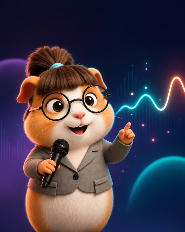 Chiyo, una cuy con gafas redondas y saco gris, cantando con un micrófono.