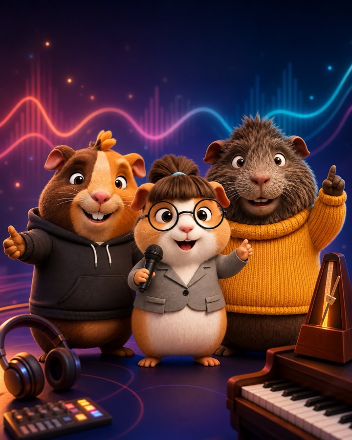 Chicho, Chiyo y Cuycardo, los tres cuyes de CuyCoders, en un estudio de música con un piano, un metrónomo y unos audífonos.